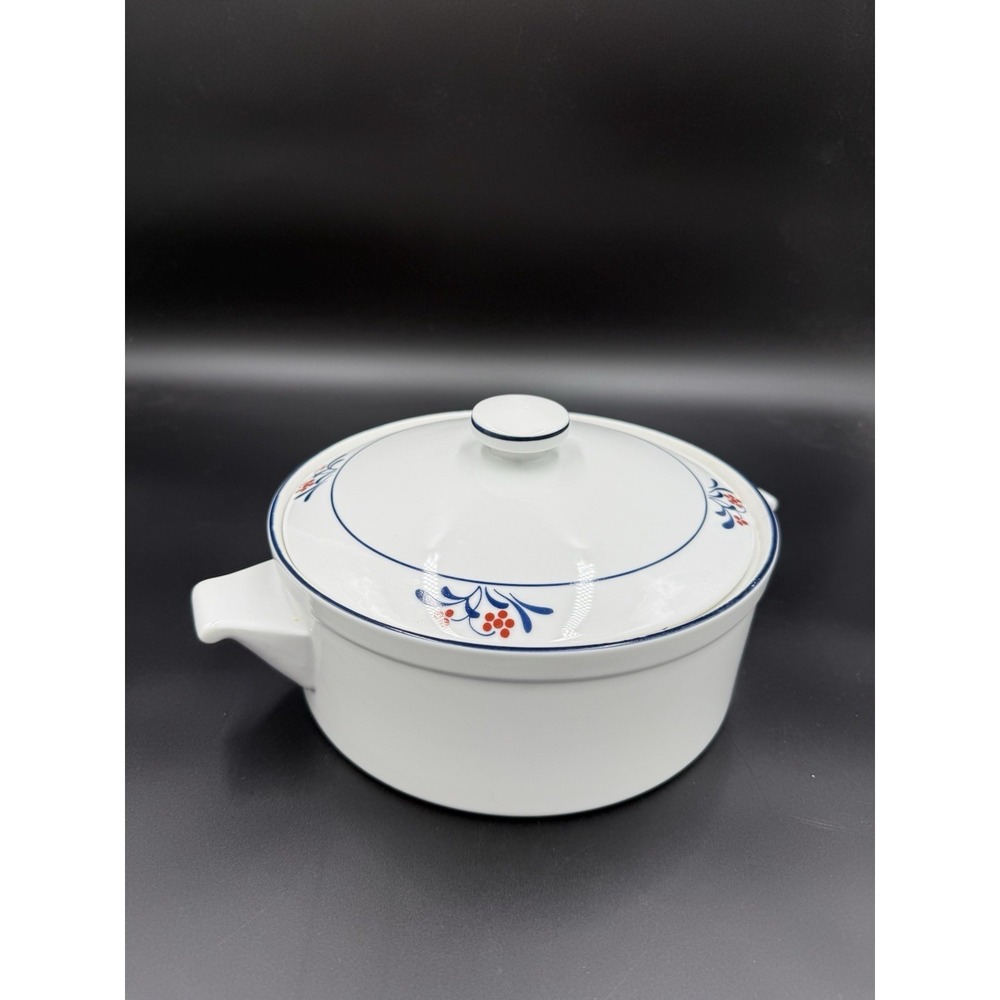 Porcelain Covered Casserole Blue Rim Red Berry Floral Vintage Made in Japan
